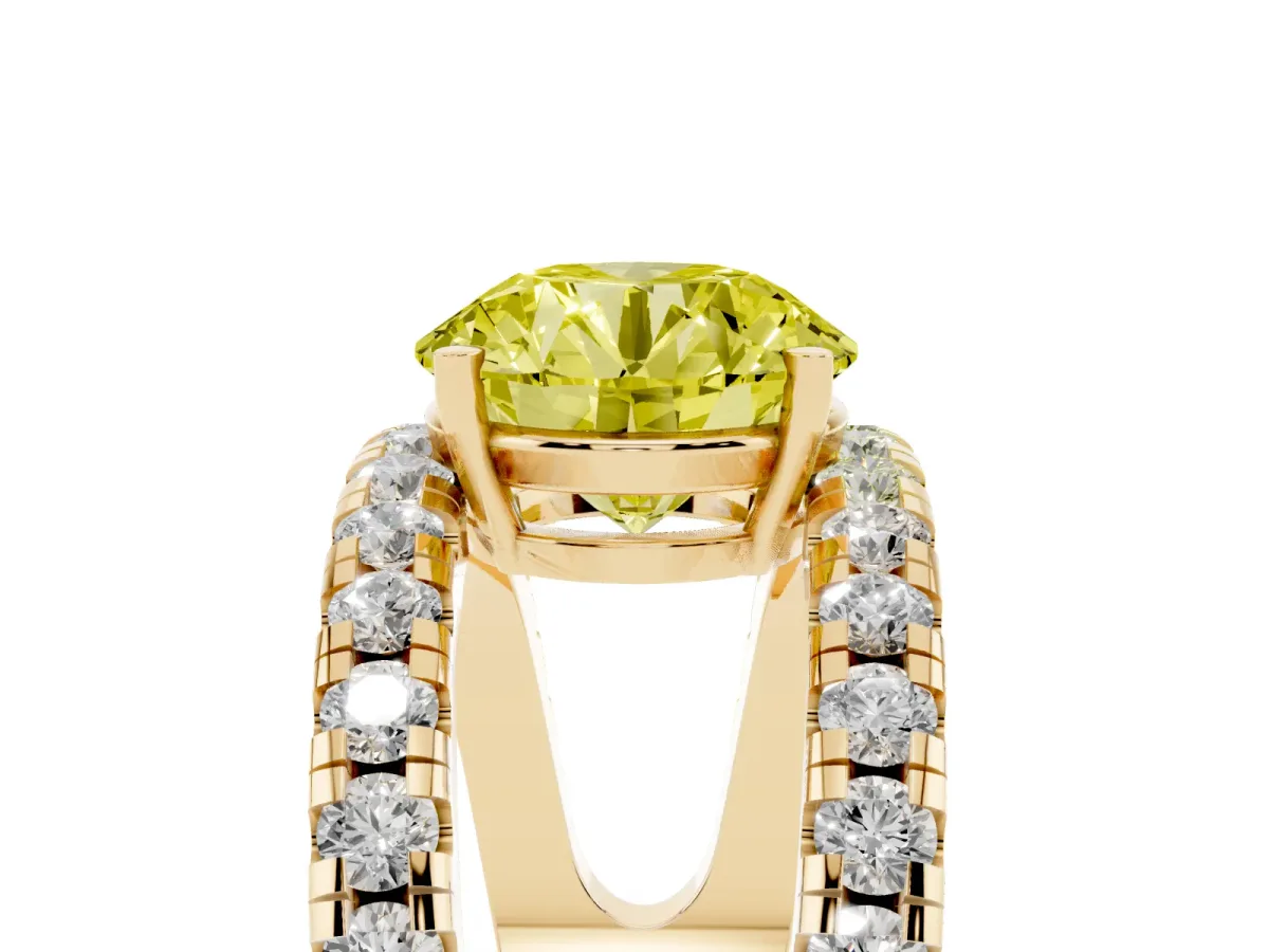 Fancy Yellow Round Cut Solitaire Split Shank Pave Diamond Ring Yellow gold