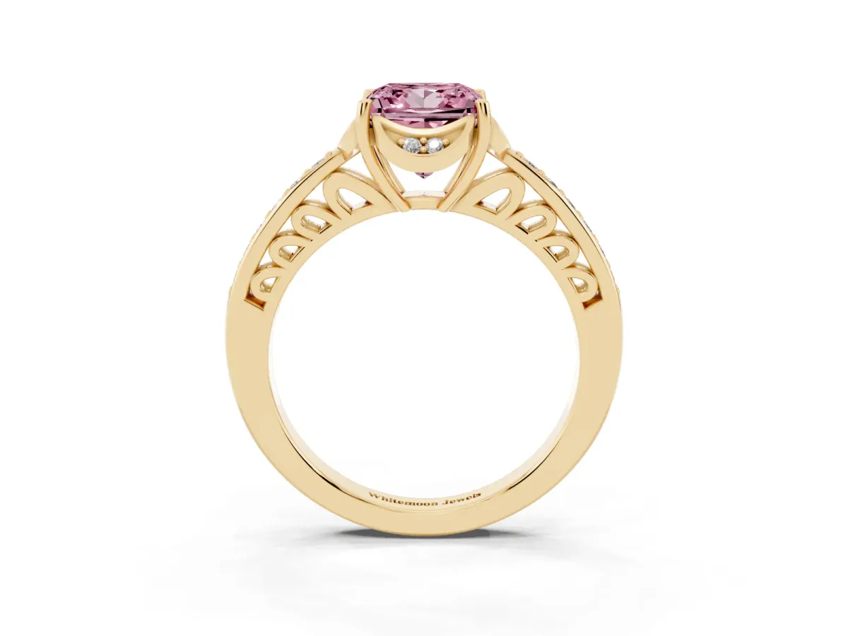Fancy Pink Princess Cut Cut Halo Diamond Ring with Channel Set Band and Four-Prong Setting Yellow gold