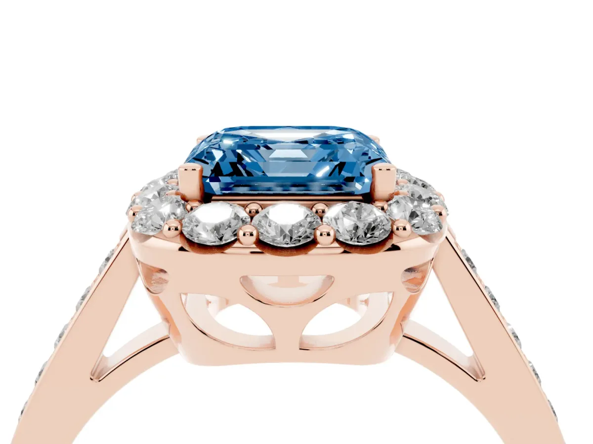 Fancy Blue Asscher Cut Diamond Floral Halo Ring with Pavé Band and Prong Setting Rose gold