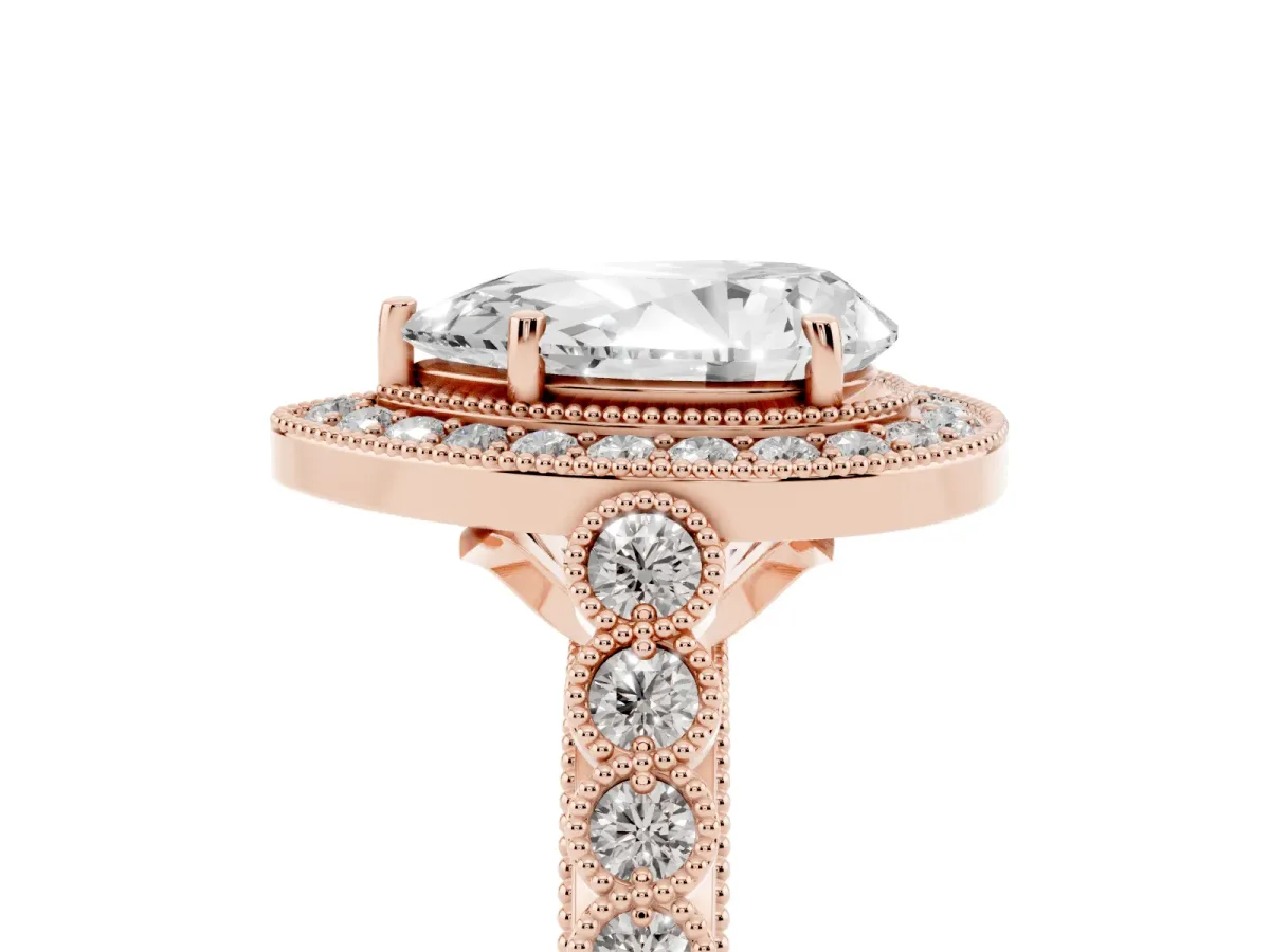 Pear Cut Halo Milgrain Solitaire with Bezel Set Side Stones and Pave Band Rose gold
