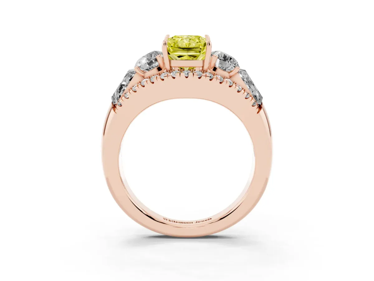 Fancy Yellow Three-Stone Radiant Cut Diamond Engagement Ring with Pave Band and Prong Setting Rose gold
