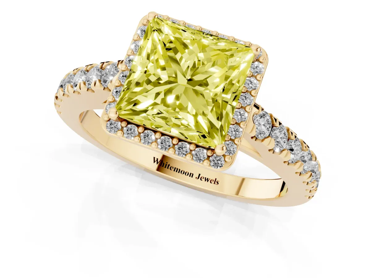 Fancy Yellow Princess Cut Cut Halo Diamond Engagement Ring with Pave Band and Four-Prong Setting Yellow gold