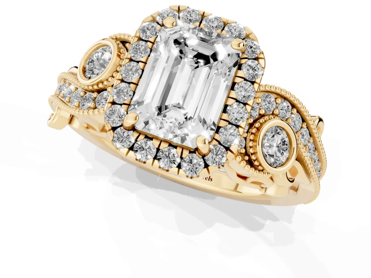 Emerald Cut Diamond Halo Ring with Milgrain Pavé Band and Four-Prong Setting Yellow gold