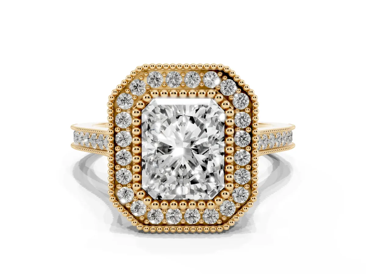 Radiant Cut Diamond Halo Ring with Milgrain Frame and Pavé Band Yellow gold