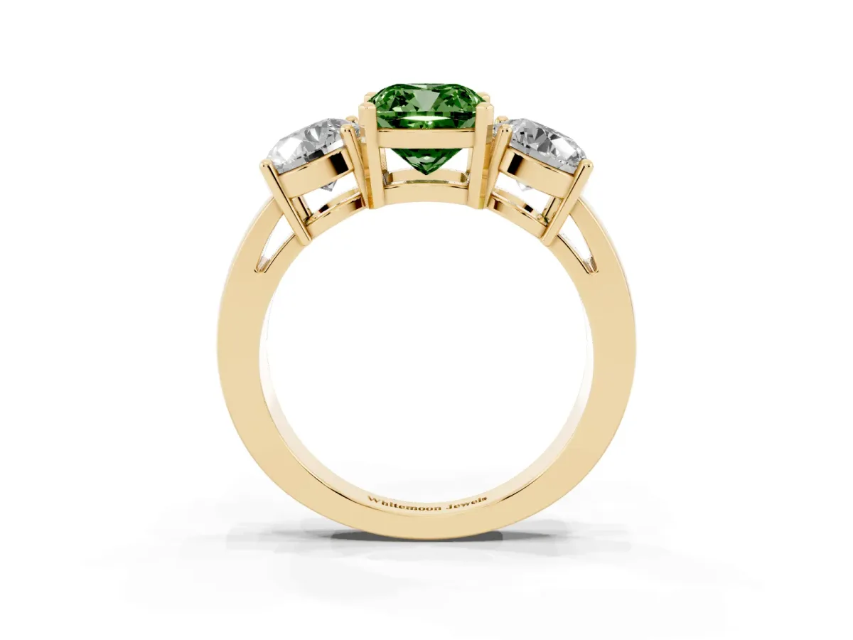 Fancy Green Three-Stone Cushion Cut Diamond Ring with Round Side Stones, Classic Band, and Four-Prong Setting Yellow gold