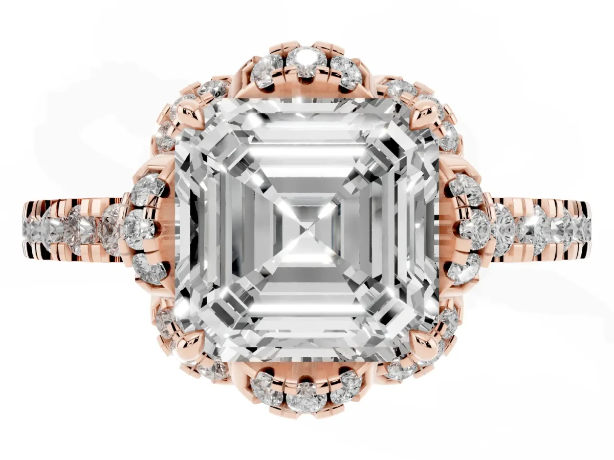 Asscher Cut Diamond Halo Pave Band with Four-Prong Setting Rose gold