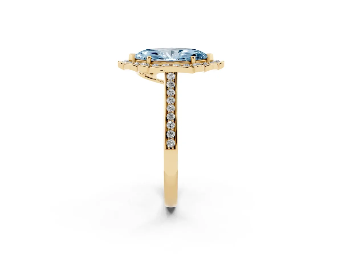 Fancy Blue Marquise Cut Halo Round Diamond Pave Band with Four-Prong Setting Yellow gold