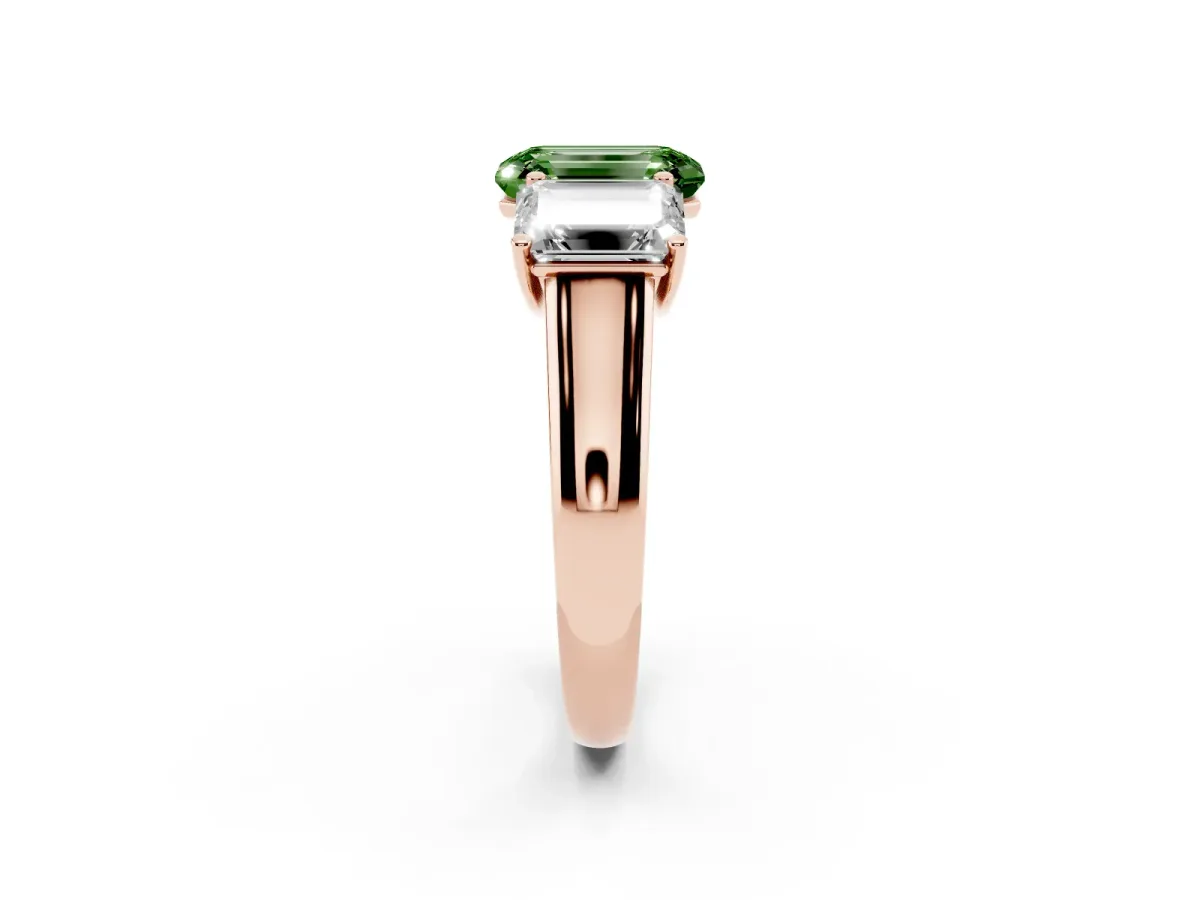 Fancy Green Emerald Cut Three-Stone Diamond Ring with Prong Setting on a Classic Band Rose gold