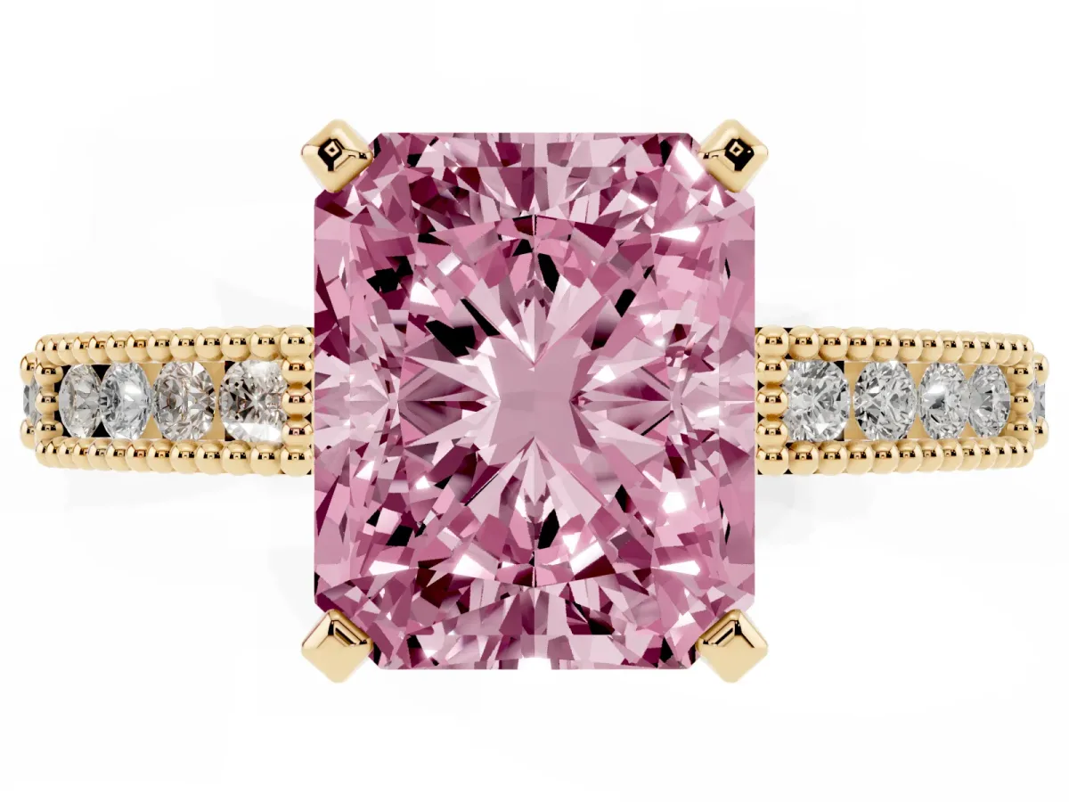 Fancy Pink Radiant Cut Solitaire with Pavé Band and Four-Prong Setting Yellow gold