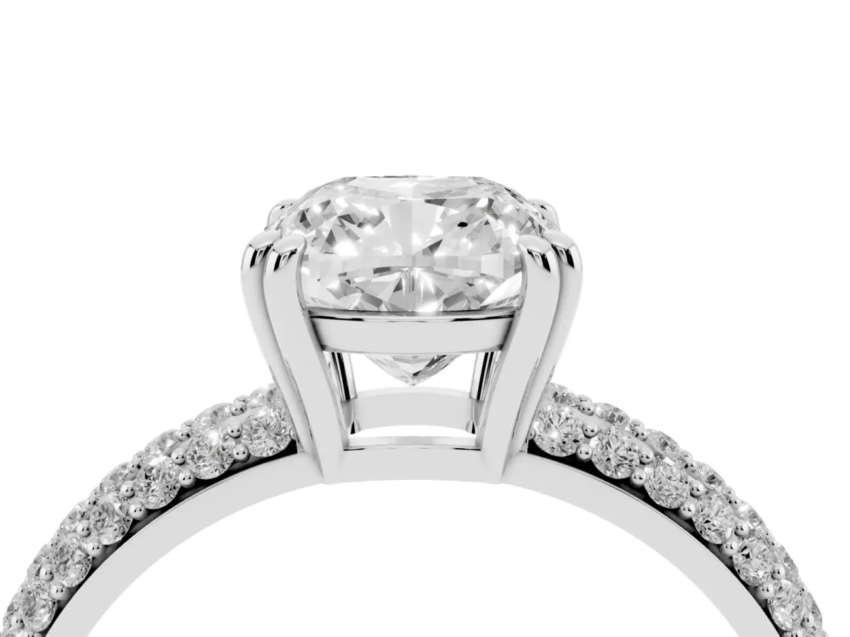 Cushion Cut Diamond Solitaire Ring with Multi-Row Round Pavé Band and Prong Setting Silver