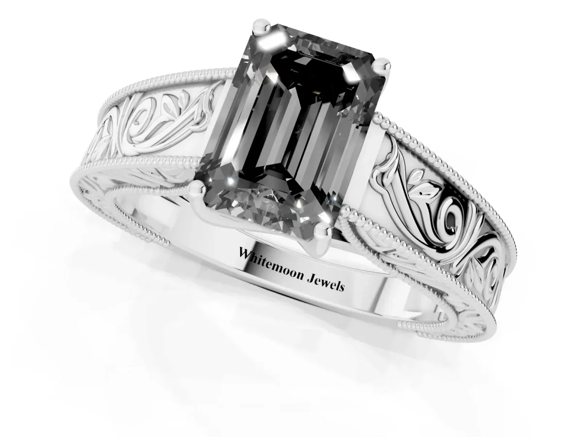 Fancy Black Emerald Cut Diamond Solitaire Ring with Engraved Band and Four-Prong Setting White gold