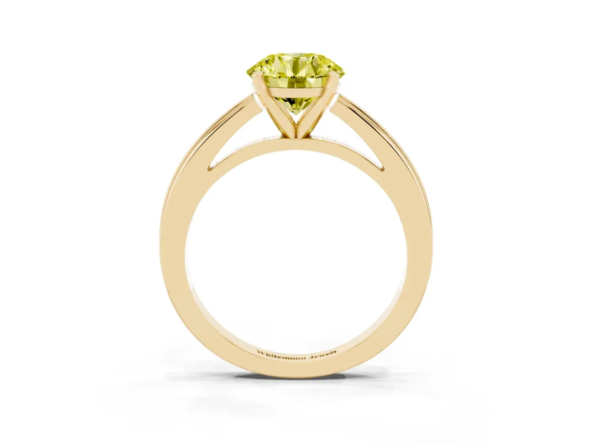 Fancy Yellow Round Cut Solitaire Diamond Ring with Four-Prong Setting and Classic Band Yellow gold