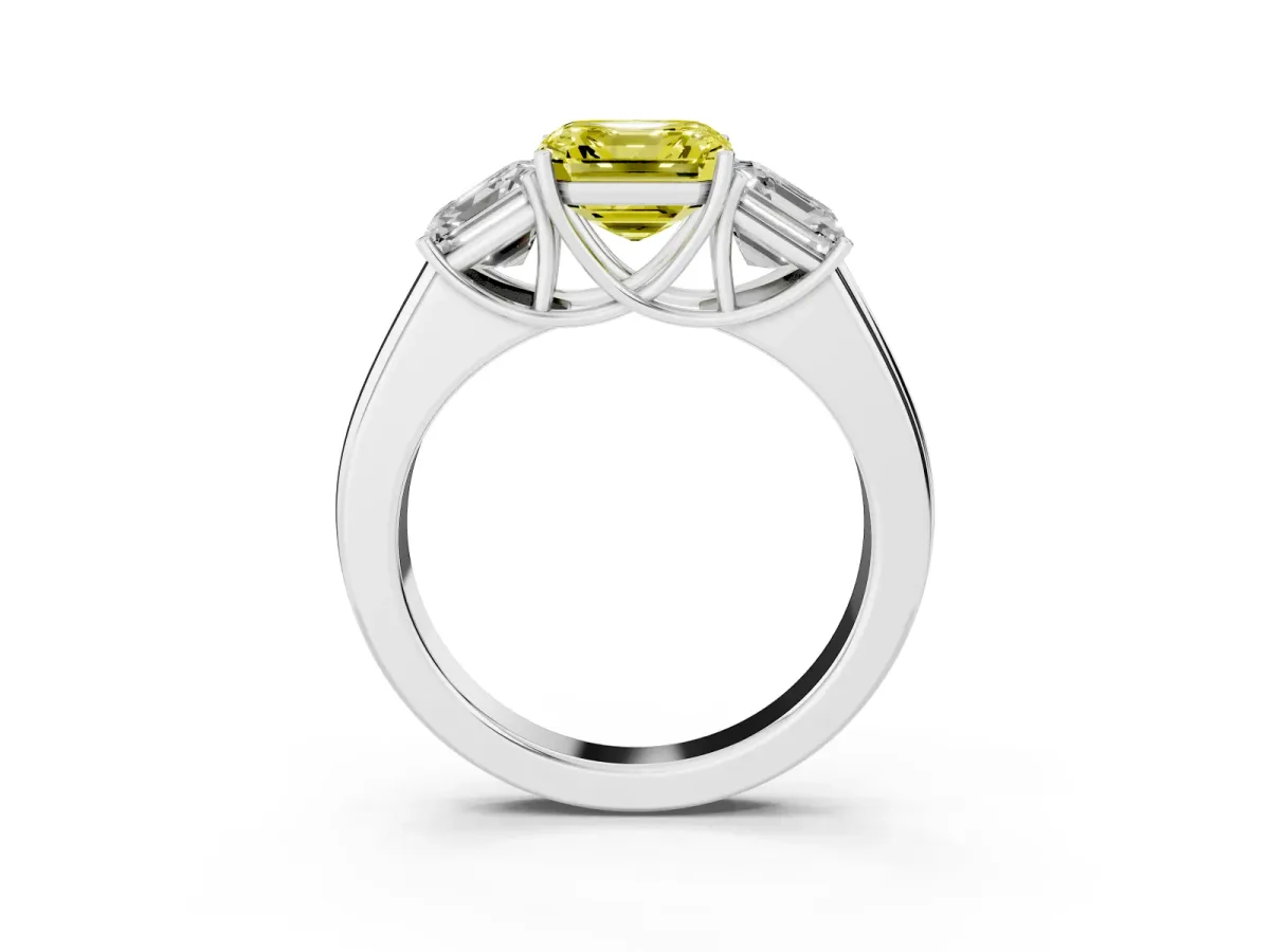 Fancy Yellow Three-Stone Asscher Cut Cut Diamond Ring with Prong Setting and Classic Band Silver