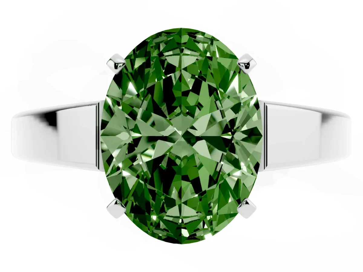 Fancy Green Oval Cut Solitaire Engagement Ring with Four-Prong Setting and Tapered Band Platinum