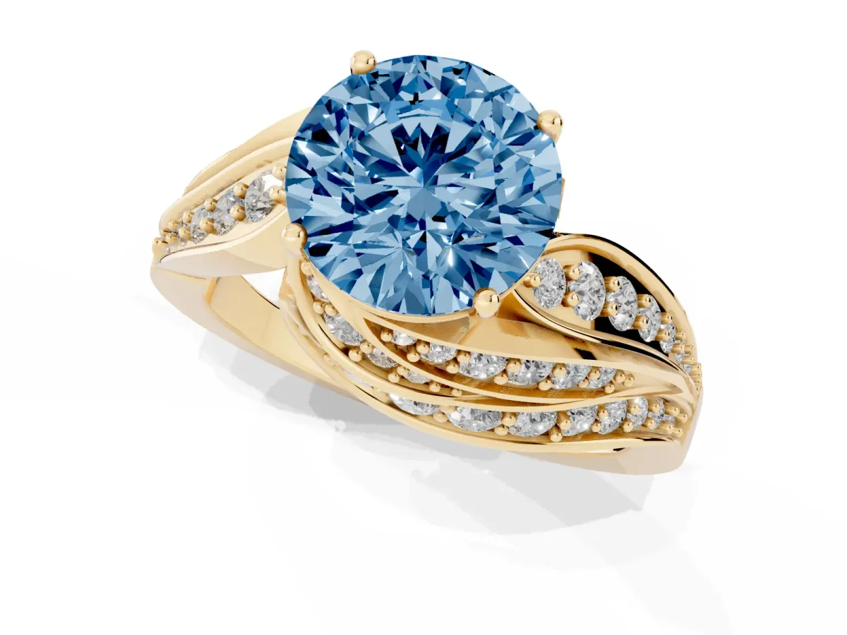 Fancy Blue Round Cut Diamond Solitaire Ring with Prong Setting and Twisted Pavé Band Yellow gold