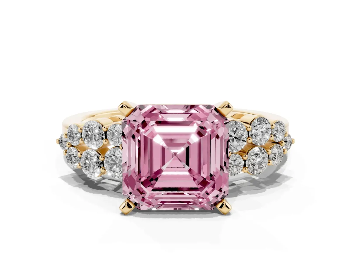 Fancy Pink Asscher Cut Cluster Diamond Engagement Ring with Pavé Band and Four-Prong Setting Yellow gold