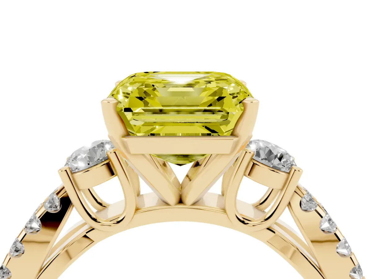 Fancy Yellow Asscher Cut Diamond Three-Stone Ring with Pavé Split Shank and Four-Prong Setting Yellow gold