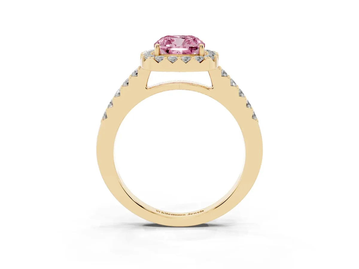 Fancy Pink Cushion Cut Halo Diamond Pavé Solitaire Ring Yellow gold