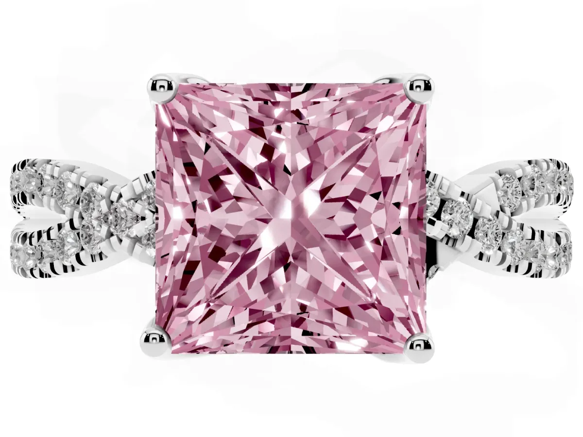Fancy Pink Princess Cut Solitaire Twist Pave Diamond Engagement Ring with Prong Setting Silver