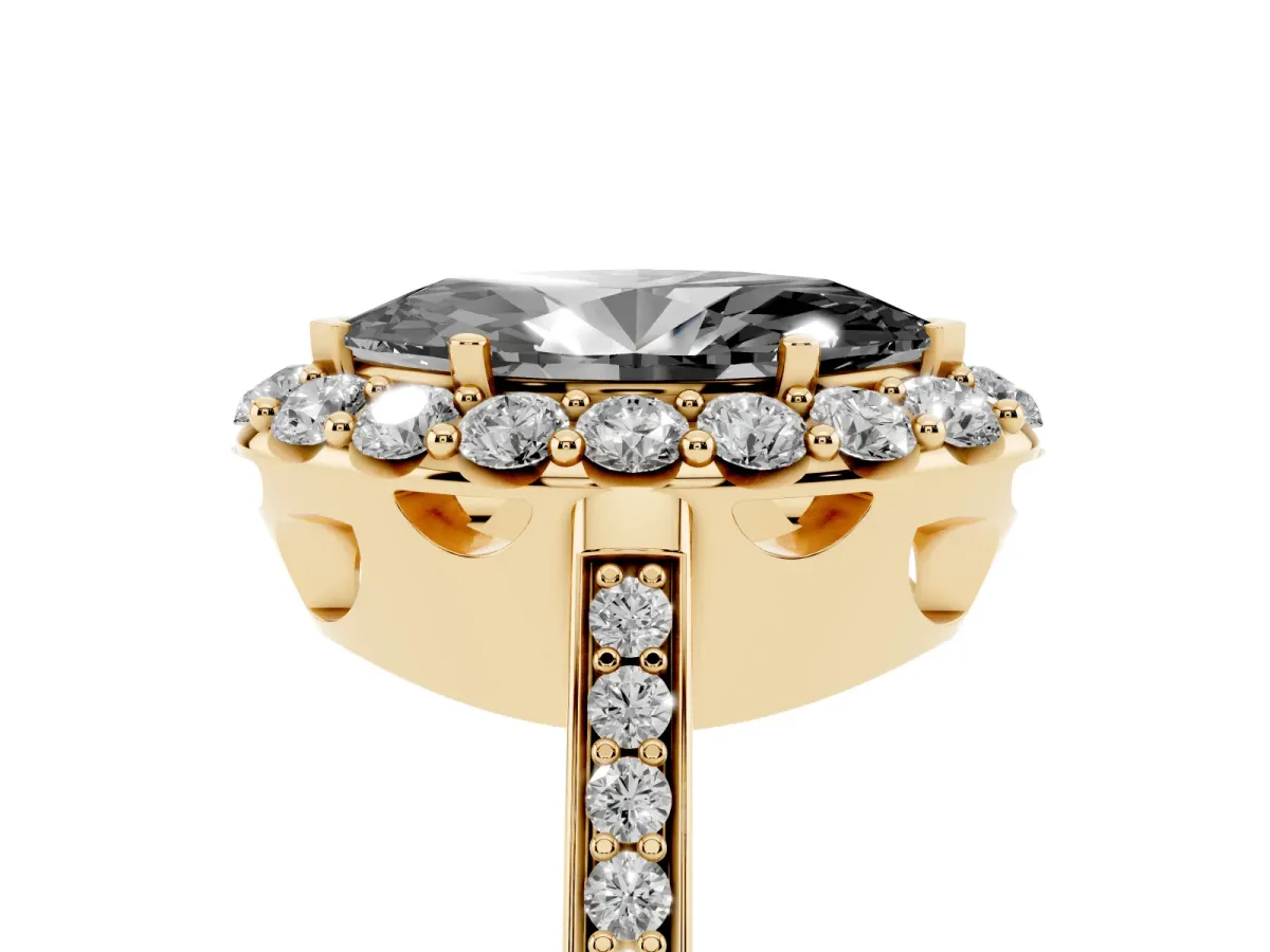 Fancy Black Marquise Cut Diamond Floral Halo Ring with Pavé Band and Prong Setting Yellow gold