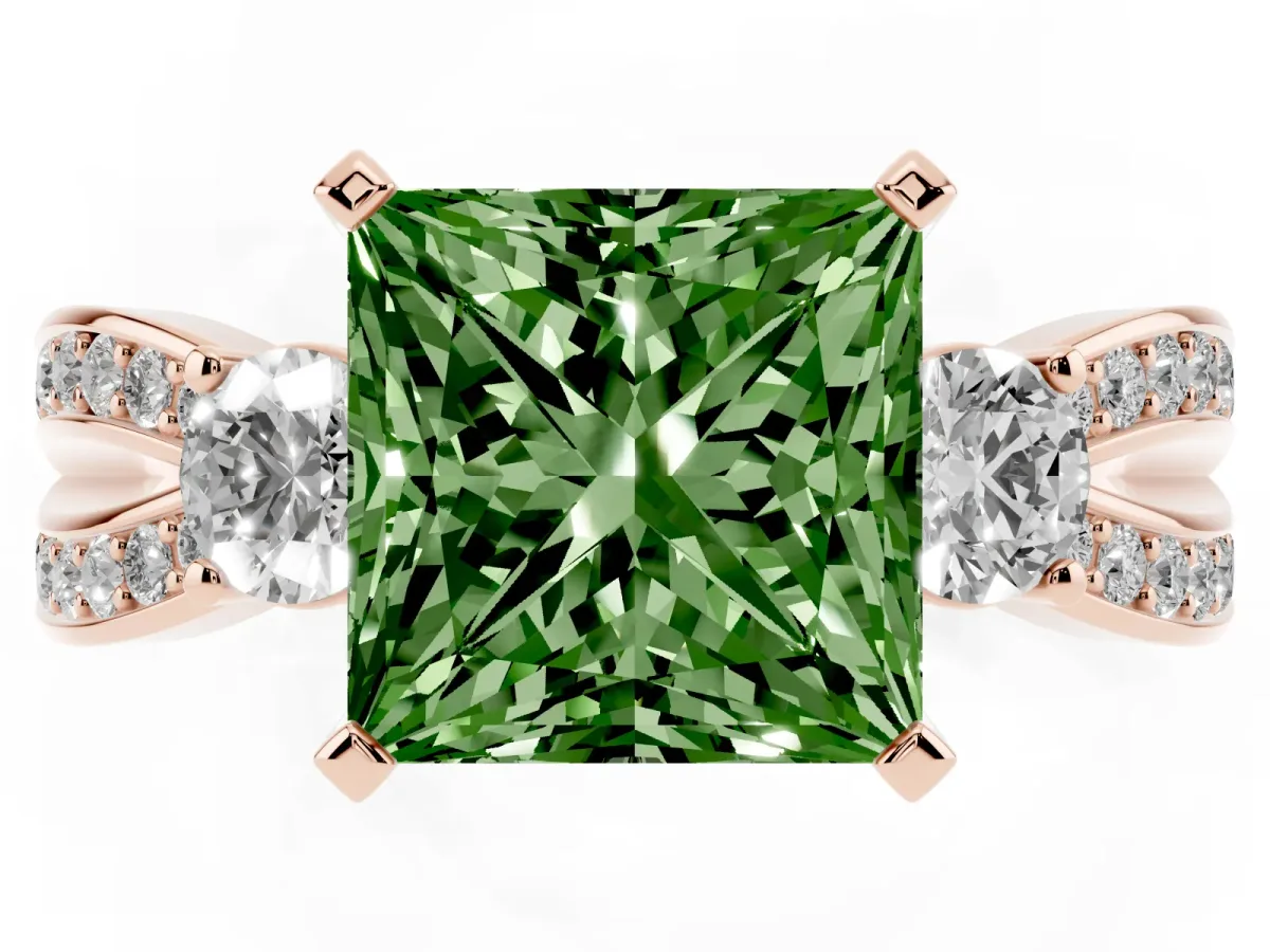 Fancy Green Three-Stone Princess Cut Cut Diamond Twist Band with Prong Setting Rose gold