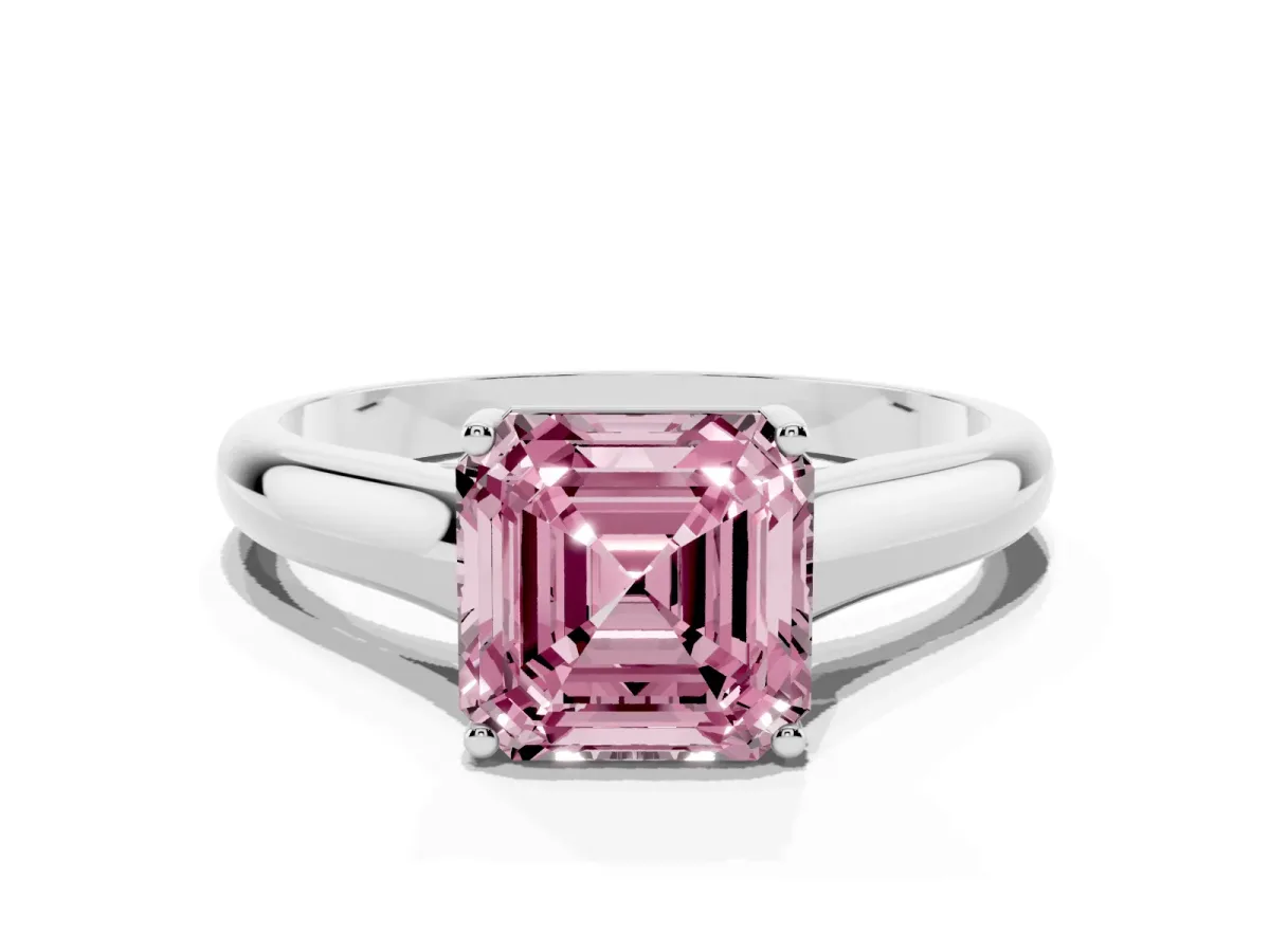 Fancy Pink Asscher Cut Solitaire Engagement Ring with Tapered Band and Four-Prong Setting Platinum