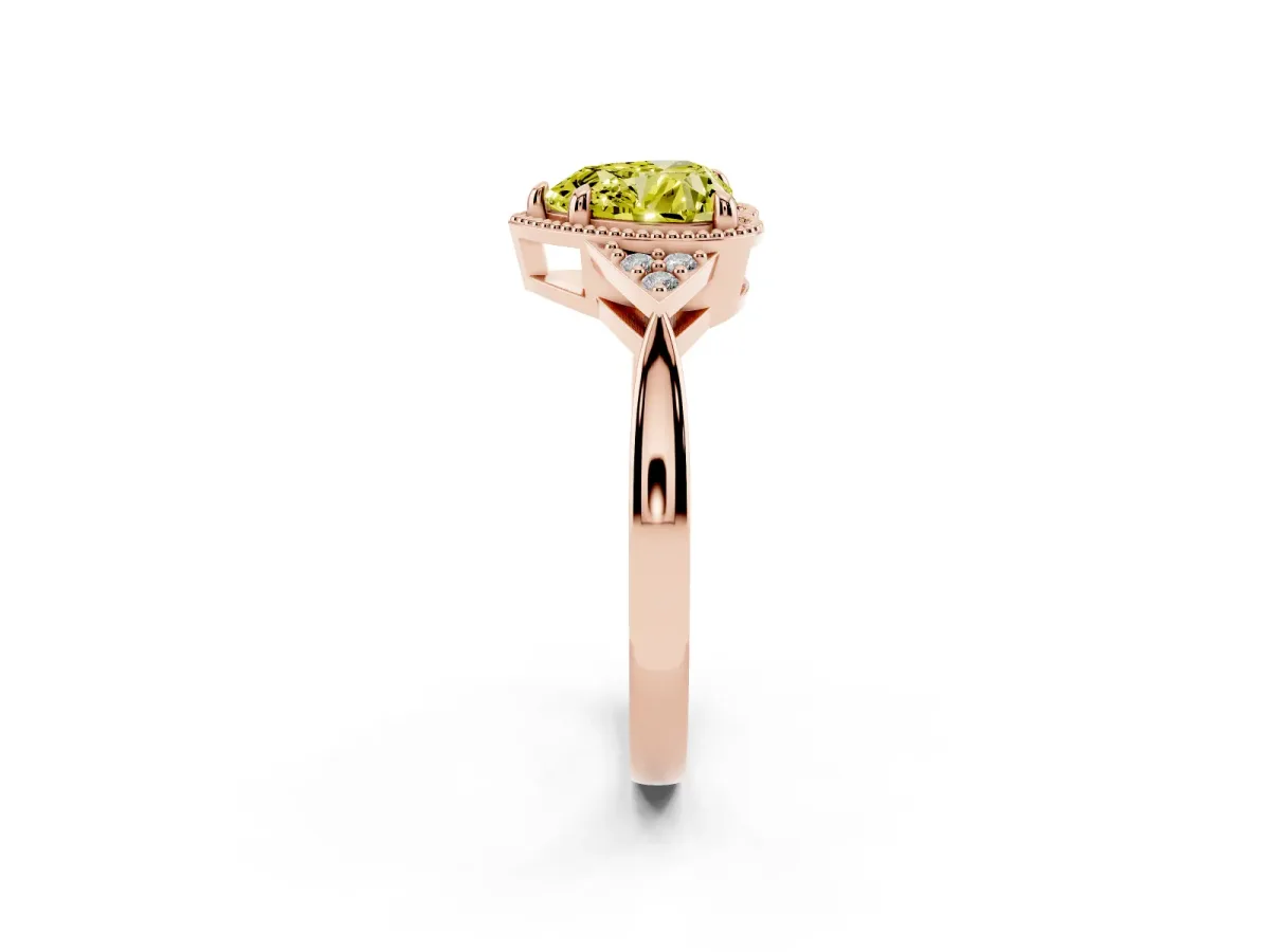 Fancy Yellow Heart Cut Diamond Halo Ring with Tapered Band and Four-Prong Setting Rose gold