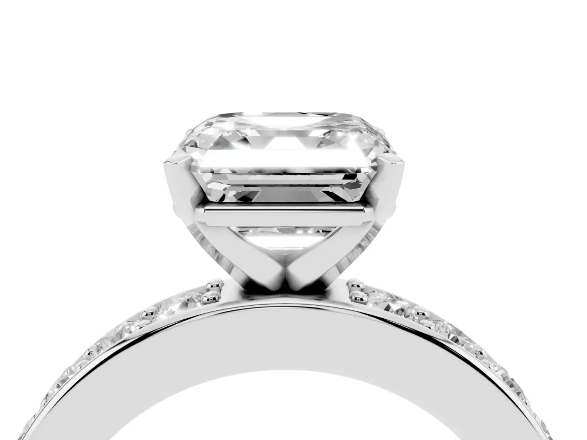 Asscher Cut Diamond Engagement Ring with Channel Set Round Band and Prong Setting White gold
