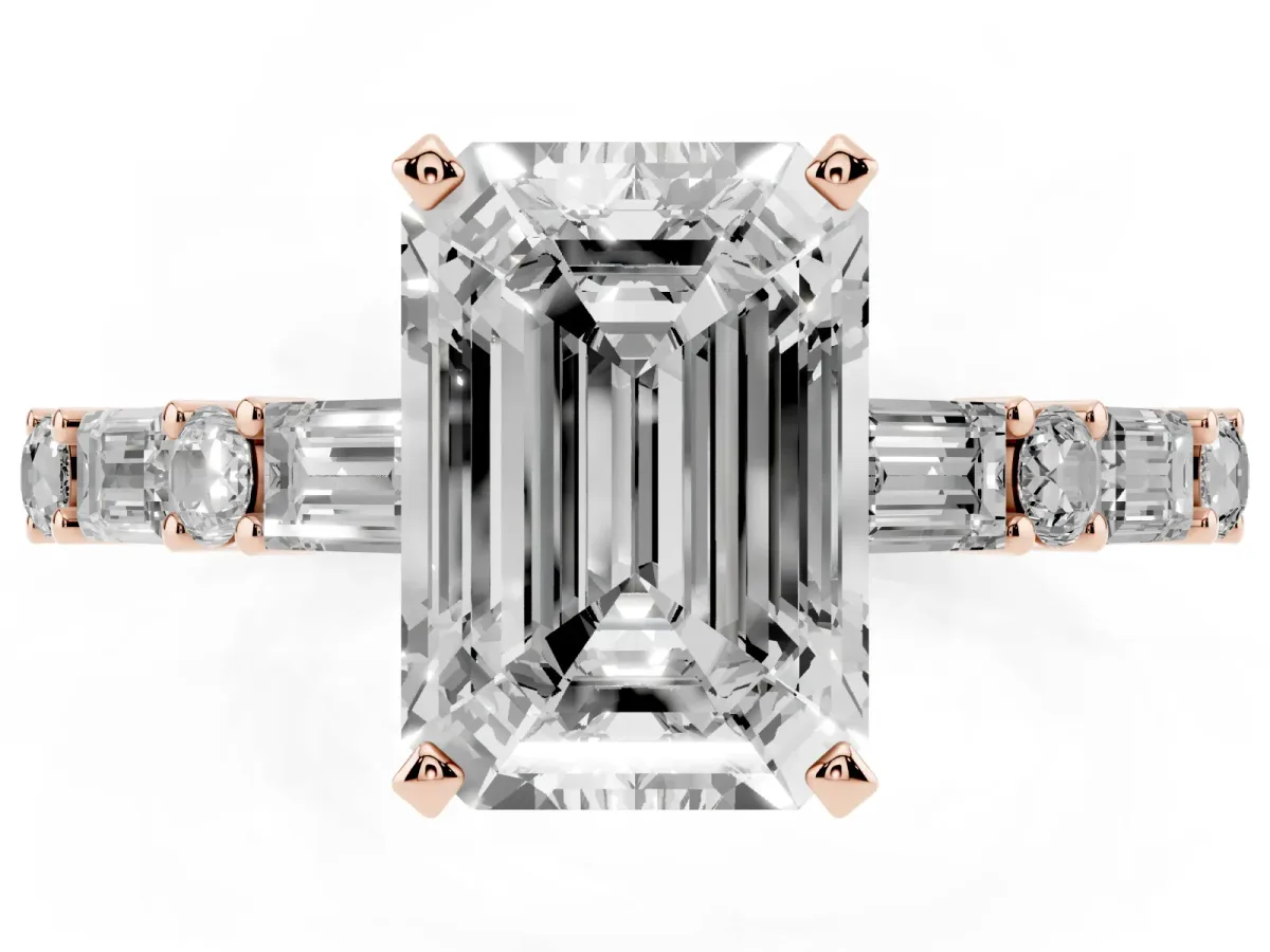 Emerald Cut Diamond Solitaire with Side Baguettes and Channel Set Band Rose gold