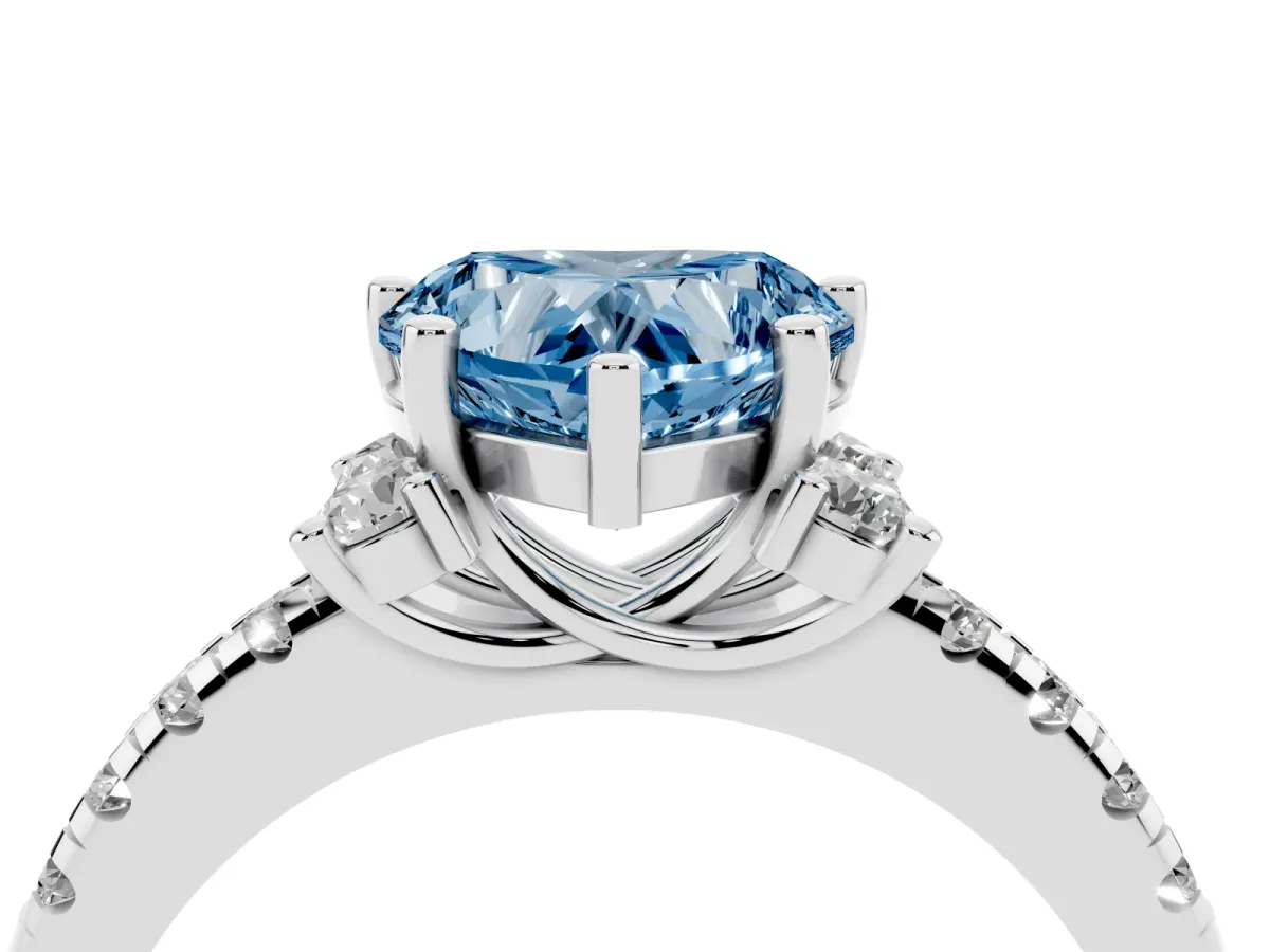 Fancy Blue Heart Cut Diamond Three-Stone Pave Band with Four-Prong Setting Silver