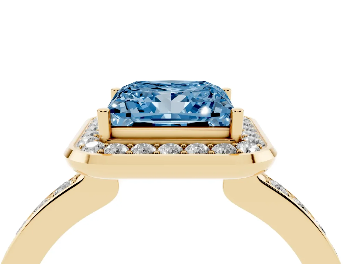 Fancy Blue Princess Cut Diamond Halo Ring with Bezel Frame and Pavé Band Yellow gold