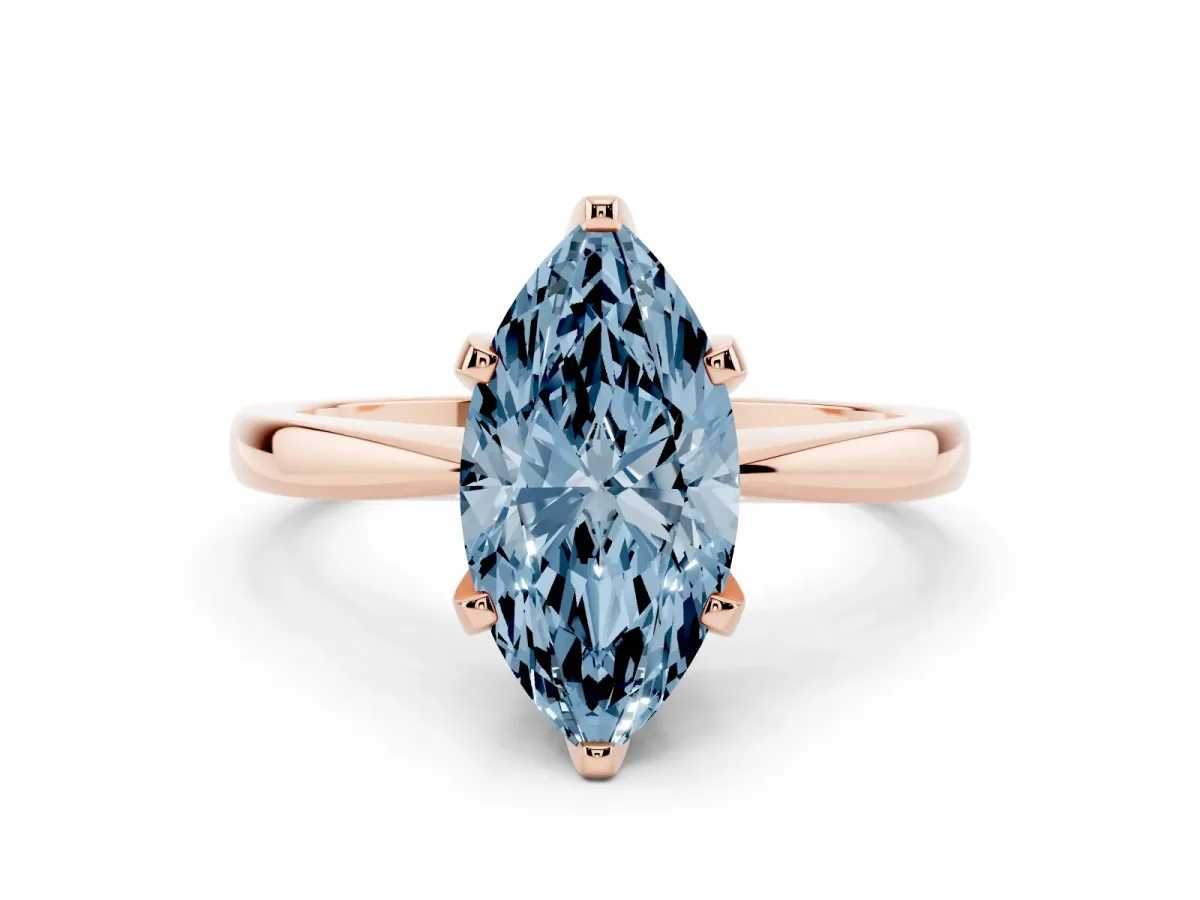 Fancy Blue Marquise Cut Solitaire Engagement Ring with Six-Prong Setting and Tapered Band Rose gold