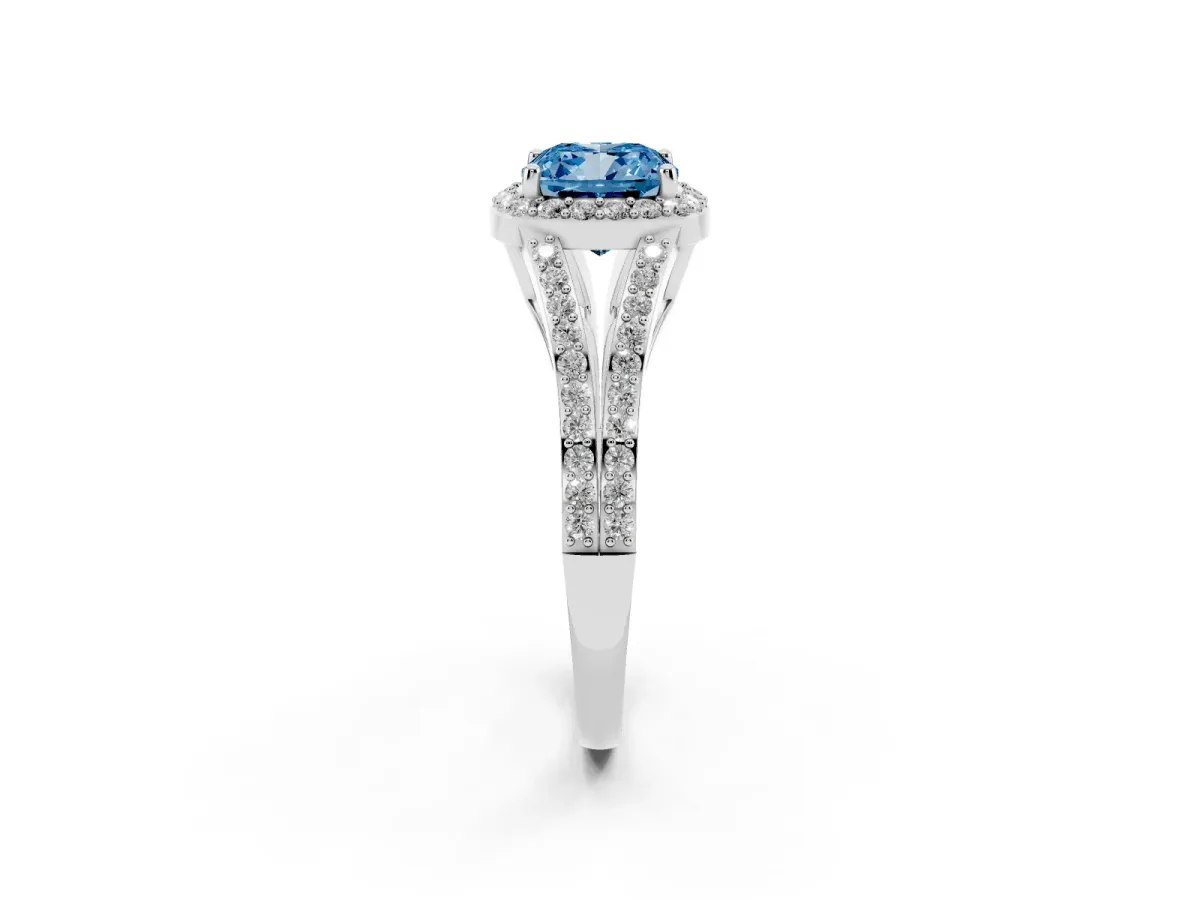 Fancy Blue Cushion Cut Halo Split Shank Pave Diamond Ring with Four-Prong Setting Platinum