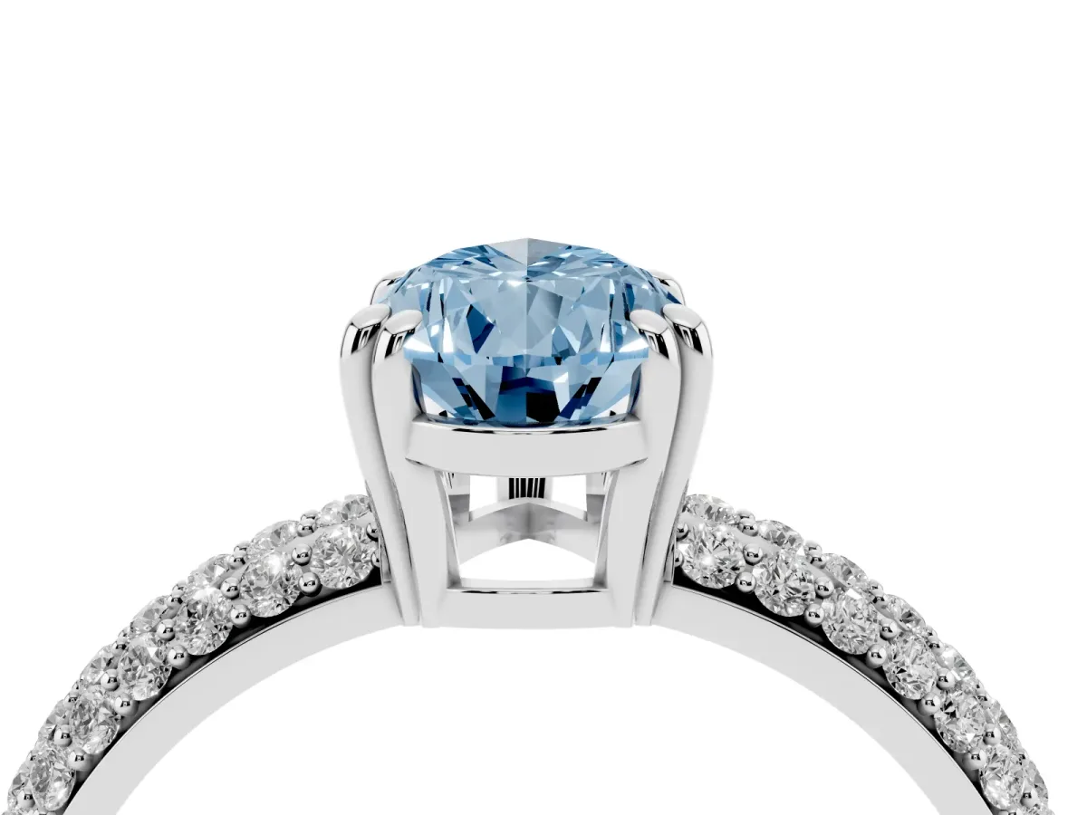 Fancy Blue Pear Cut Diamond Solitaire Ring with Multi-Row Round Pavé Band and Prong Setting Silver