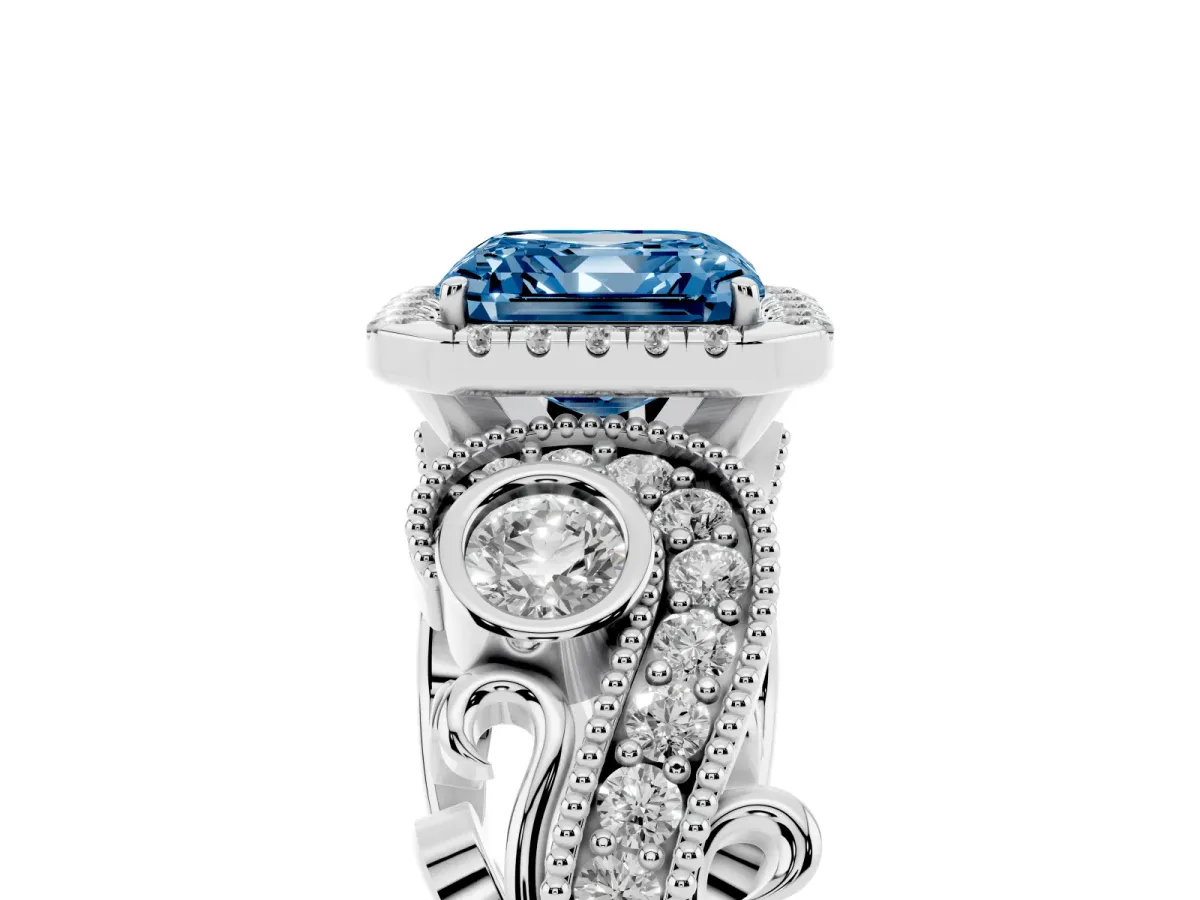 Fancy Blue Asscher Cut Halo Diamond Ring with Milgrain and Bezel Accents on a Split Shank Band Platinum