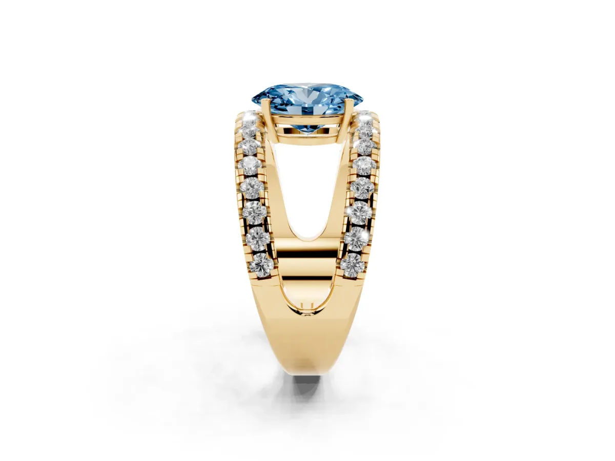 Fancy Blue Oval Cut Solitaire Split Shank Pave Diamond Ring Yellow gold