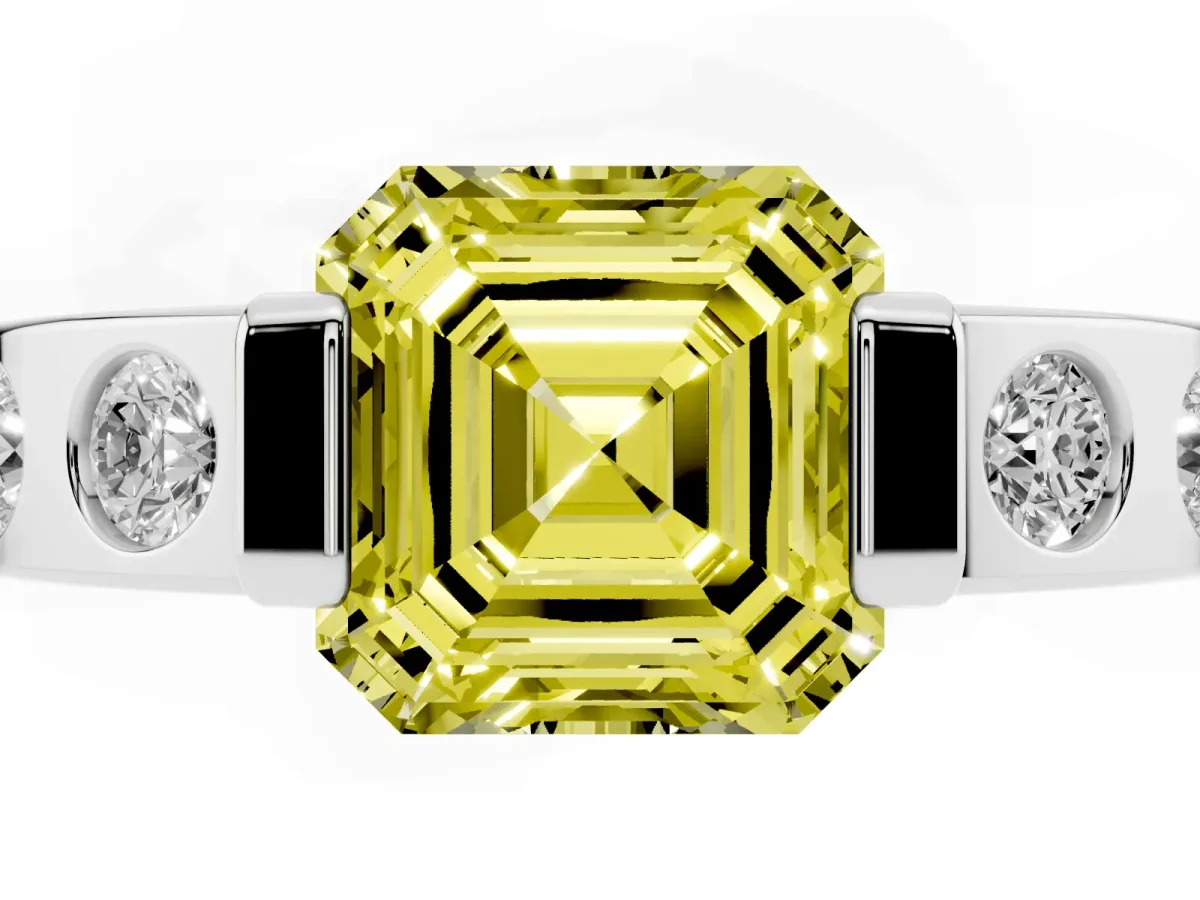 Fancy Yellow Asscher Cut Brilliant Channel-Set Diamond Ring with Bezel Prong Setting Platinum
