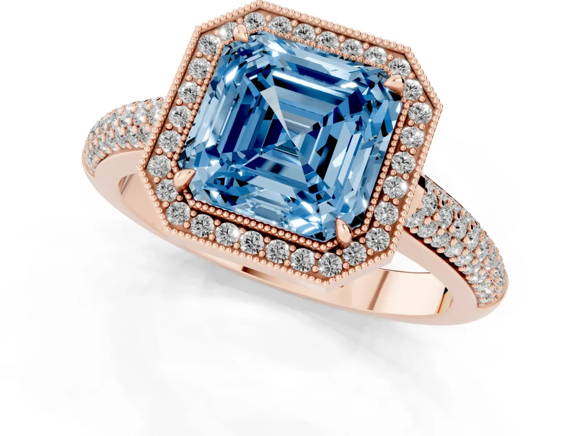 Fancy Blue Asscher Cut Cut Halo Diamond Pave Band with Four-Prong Setting Rose gold