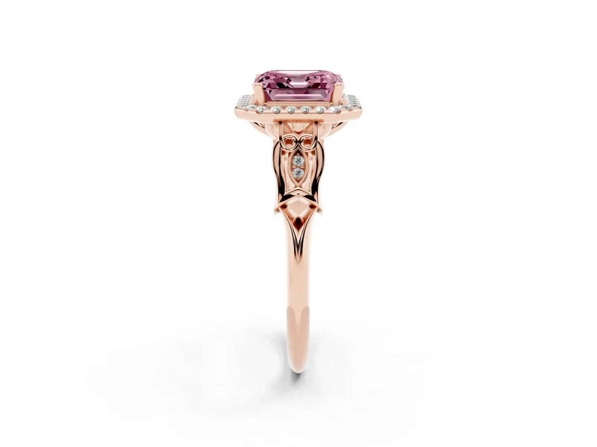 Fancy Pink Asscher Cut Halo Diamond Engagement Ring with Filigree Band and Four-Prong Setting Rose gold