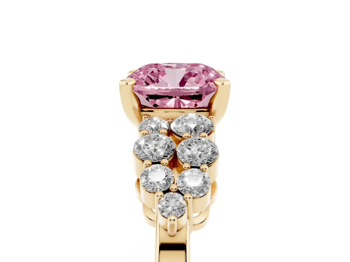 Fancy Pink Cushion Cut Cluster Diamond Engagement Ring with Pavé Band and Four-Prong Setting Yellow gold