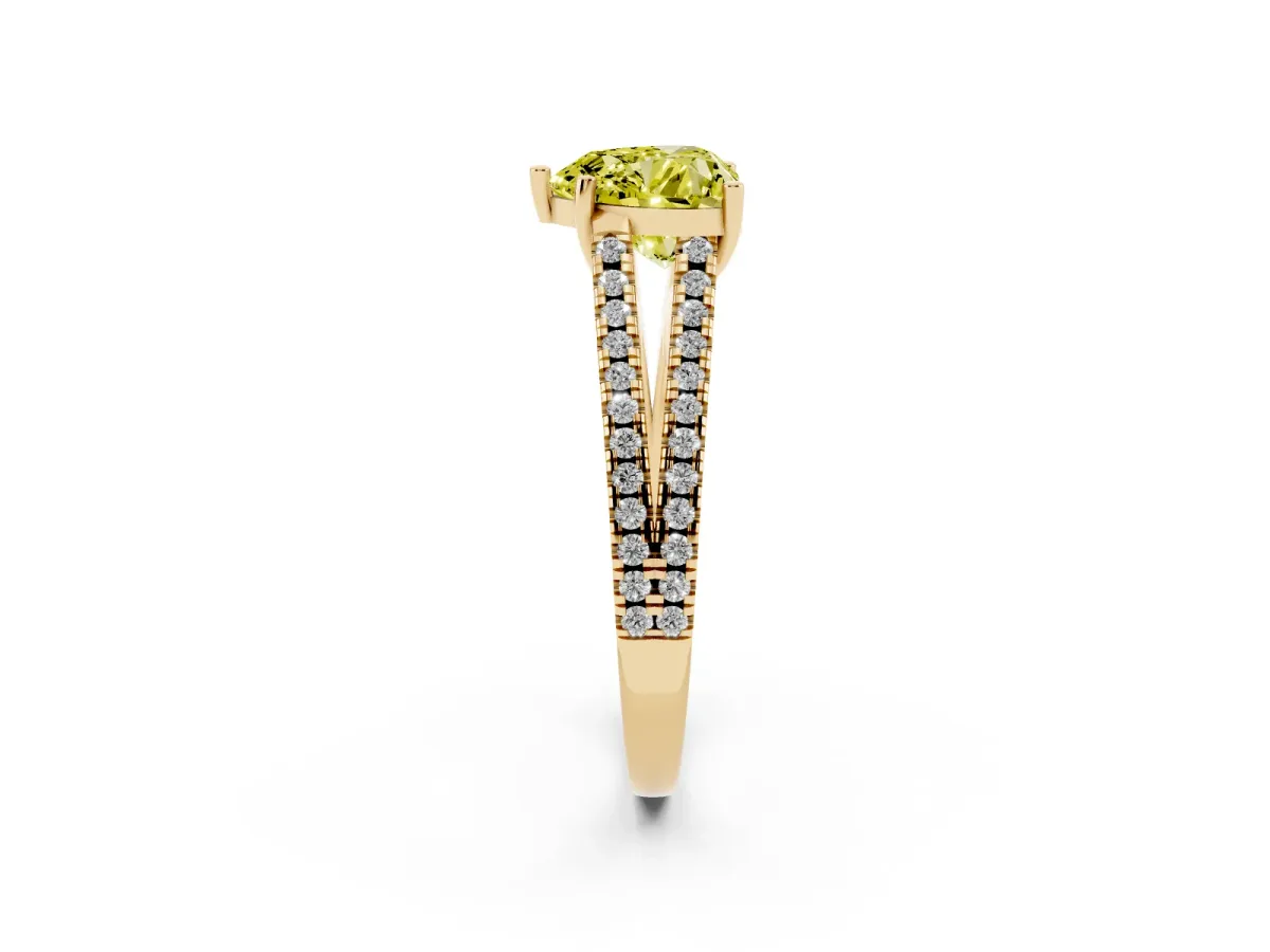Fancy Yellow Heart Cut Diamond Solitaire Engagement Ring with Split Shank Pavé Band Yellow gold