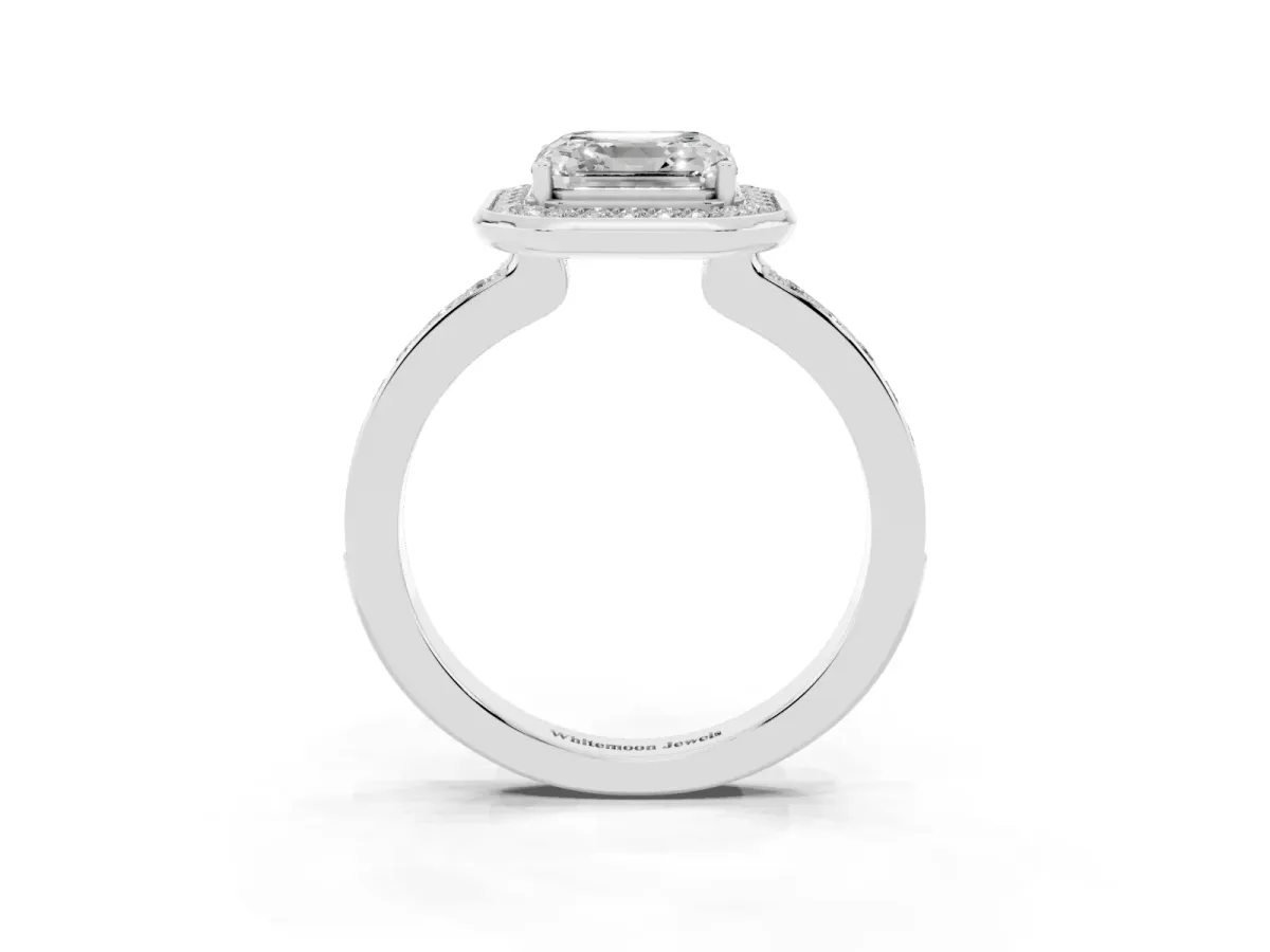 Asscher Cut Diamond Halo Ring with Bezel Frame and Pavé Band Silver