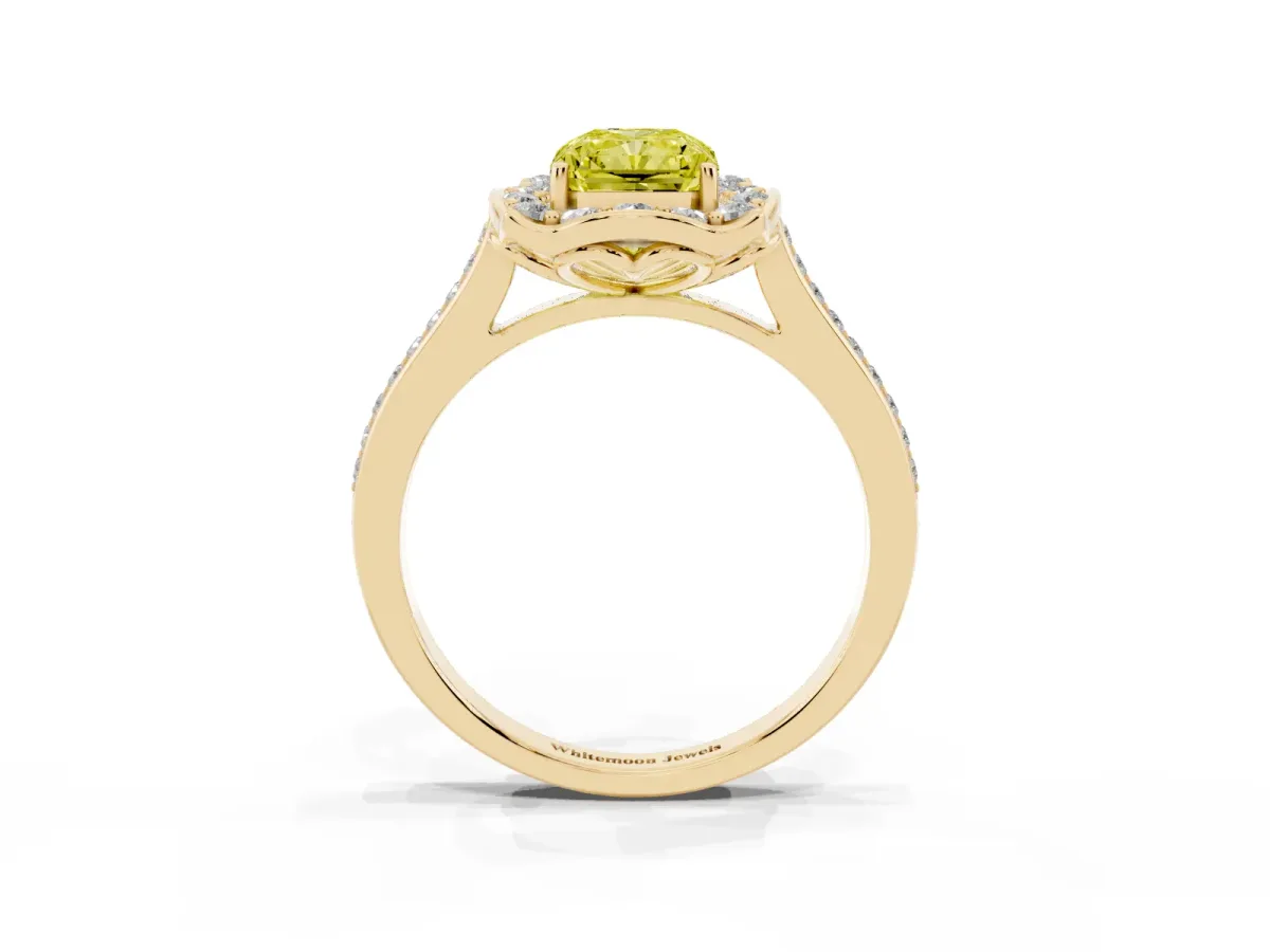 Fancy Yellow Radiant Cut Halo Round Diamond Pave Band with Four-Prong Setting Yellow gold