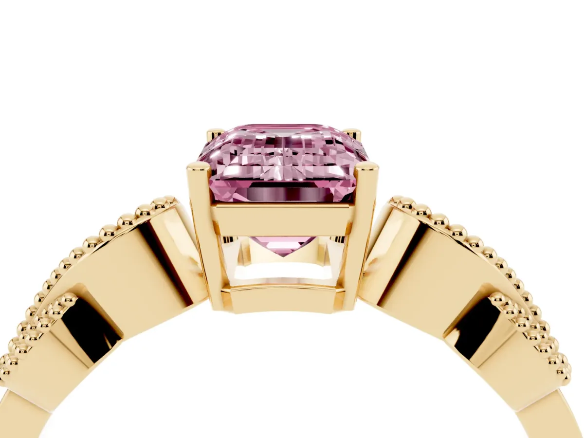 Fancy Pink Emerald Cut Solitaire Milgrain Leaf Band with Prong Setting Yellow gold