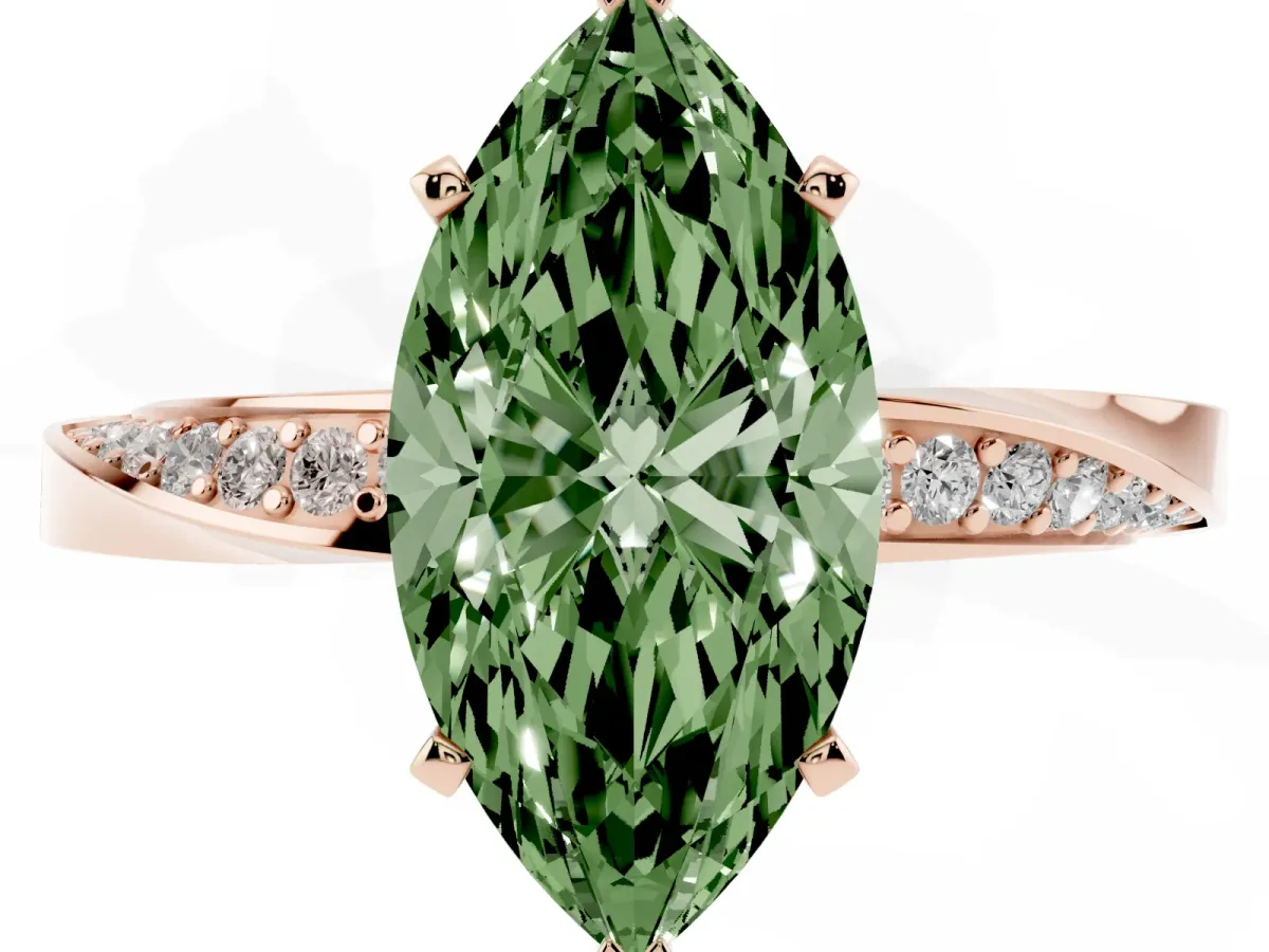 Fancy Green Marquise Cut Diamond Engagement Ring with Side Stone Accents and Four-Prong Setting Rose gold