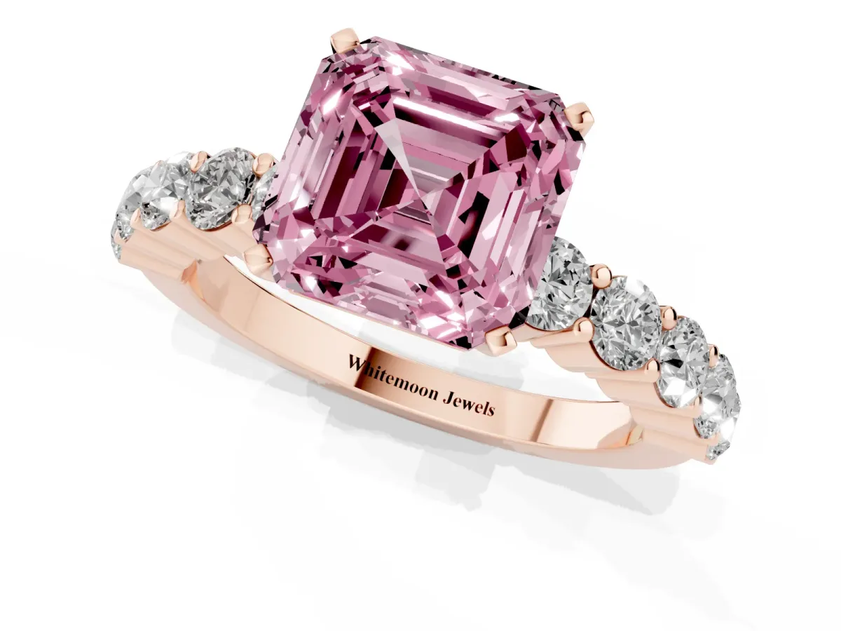 Fancy Pink Asscher Cut Diamond Solitaire Ring with Shared Prong Round Side Stones Rose gold