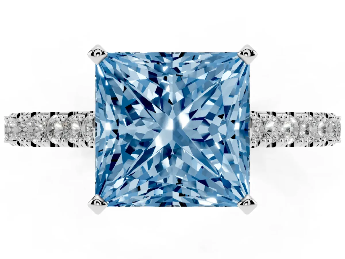 Fancy Blue Princess Cut Cut Solitaire Diamond Engagement Ring with Pave Band and Four-Prong Setting White gold