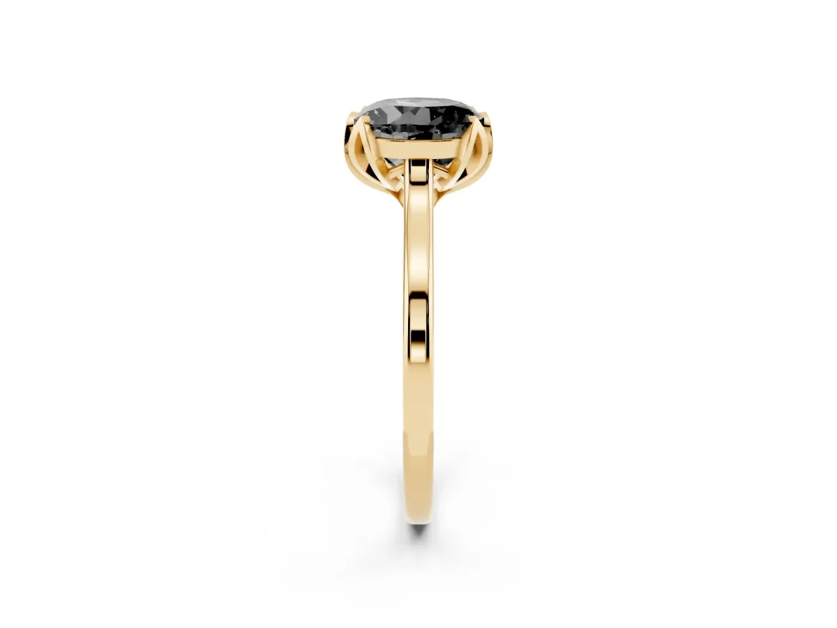Fancy Black Round Cut Diamond Solitaire Ring with Flower Prong Setting and Classic Band Yellow gold