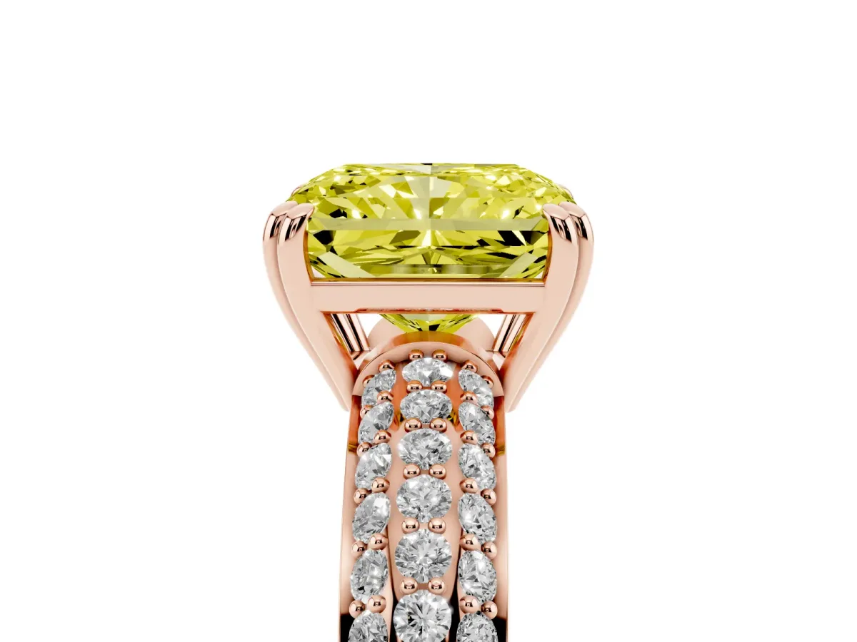 Fancy Yellow Radiant Cut Diamond Solitaire Ring with Multi-Row Round Pavé Band and Prong Setting Rose gold