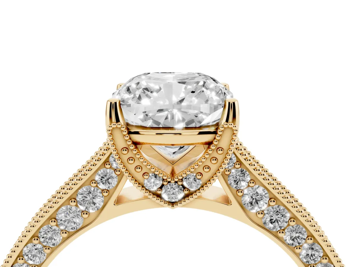 Cushion Cut Cut Diamond Solitaire Ring with Milgrain Pave Band and Four Prong Setting Yellow gold